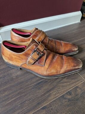 Magnanni Wood Texture Patterned Leather Brown Monk Strap Derby Shoes Spain 12